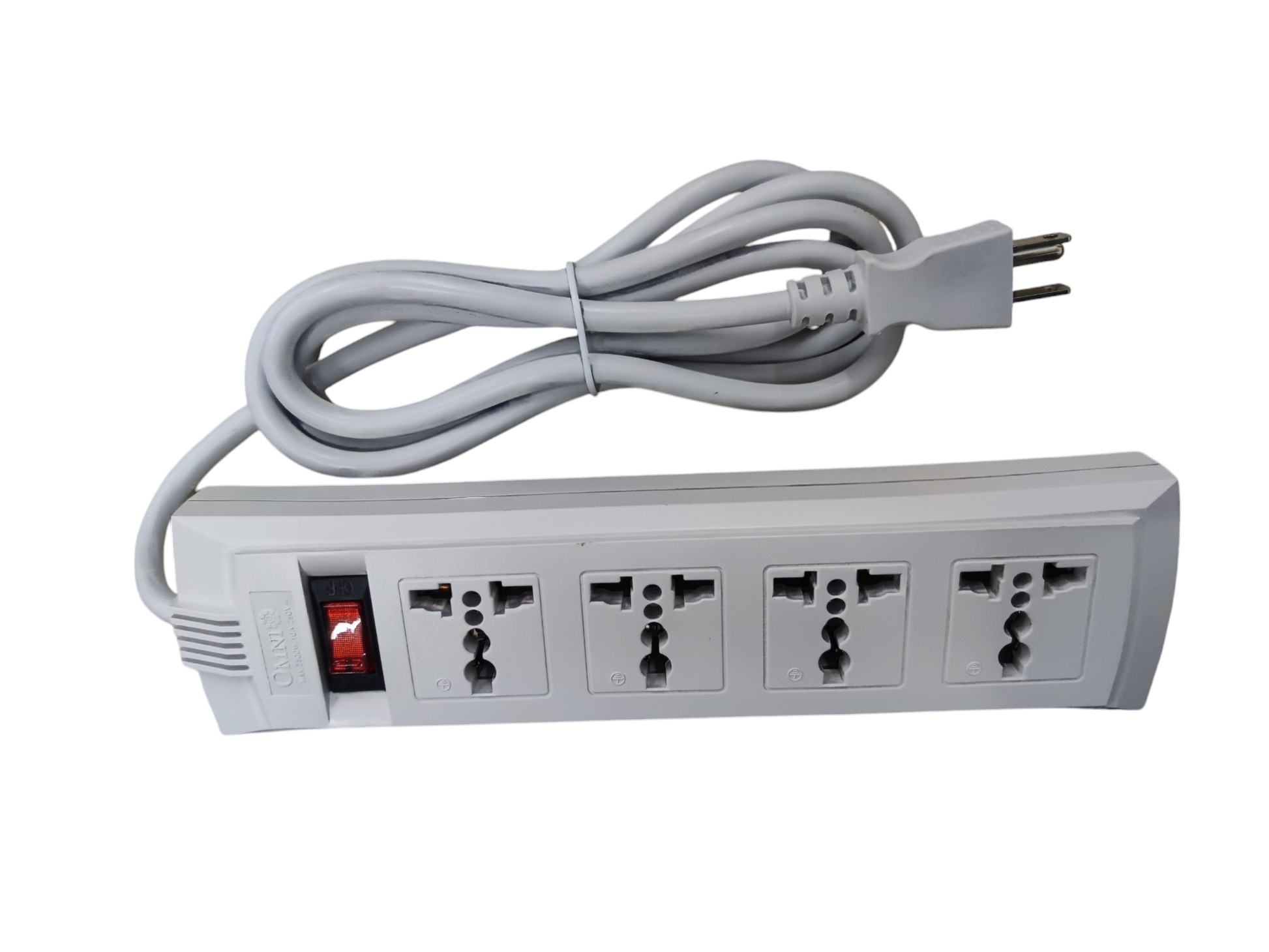 Omni 4 gang power strip with switch and long white cord for multiple device connections