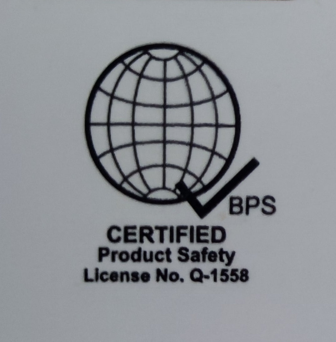 Certified product safety logo with globe and checkmark for Omni 4 gang power strip with switch
