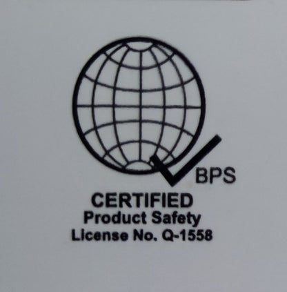 Certified product safety logo with globe and checkmark for Omni 4 gang power strip with switch