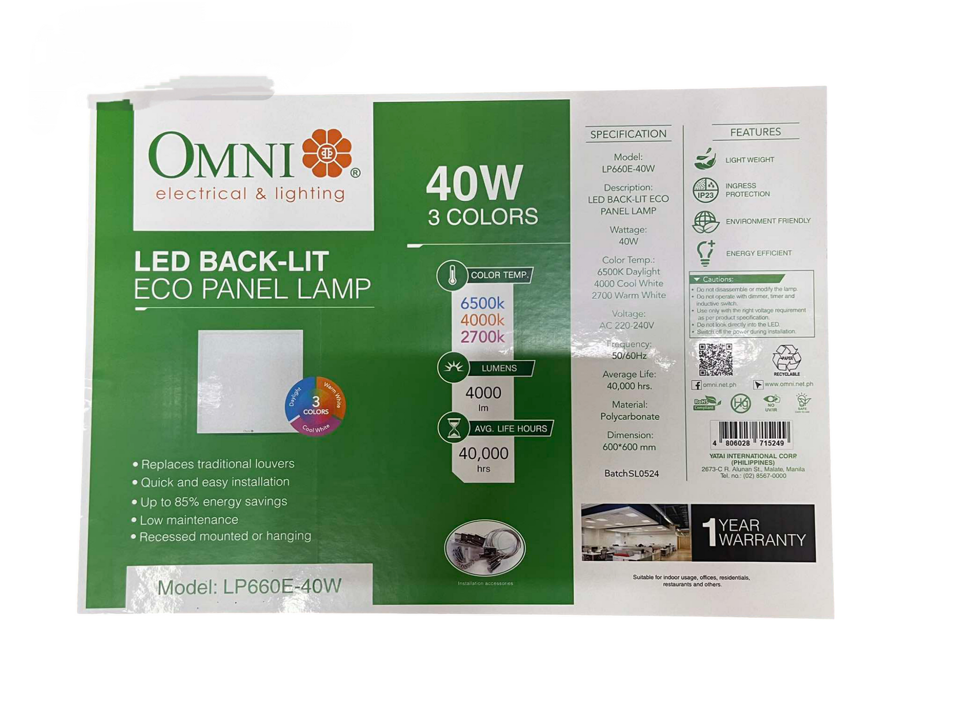 Omni 40W tri-color panel light with adjustable color temperature and long lifespan features