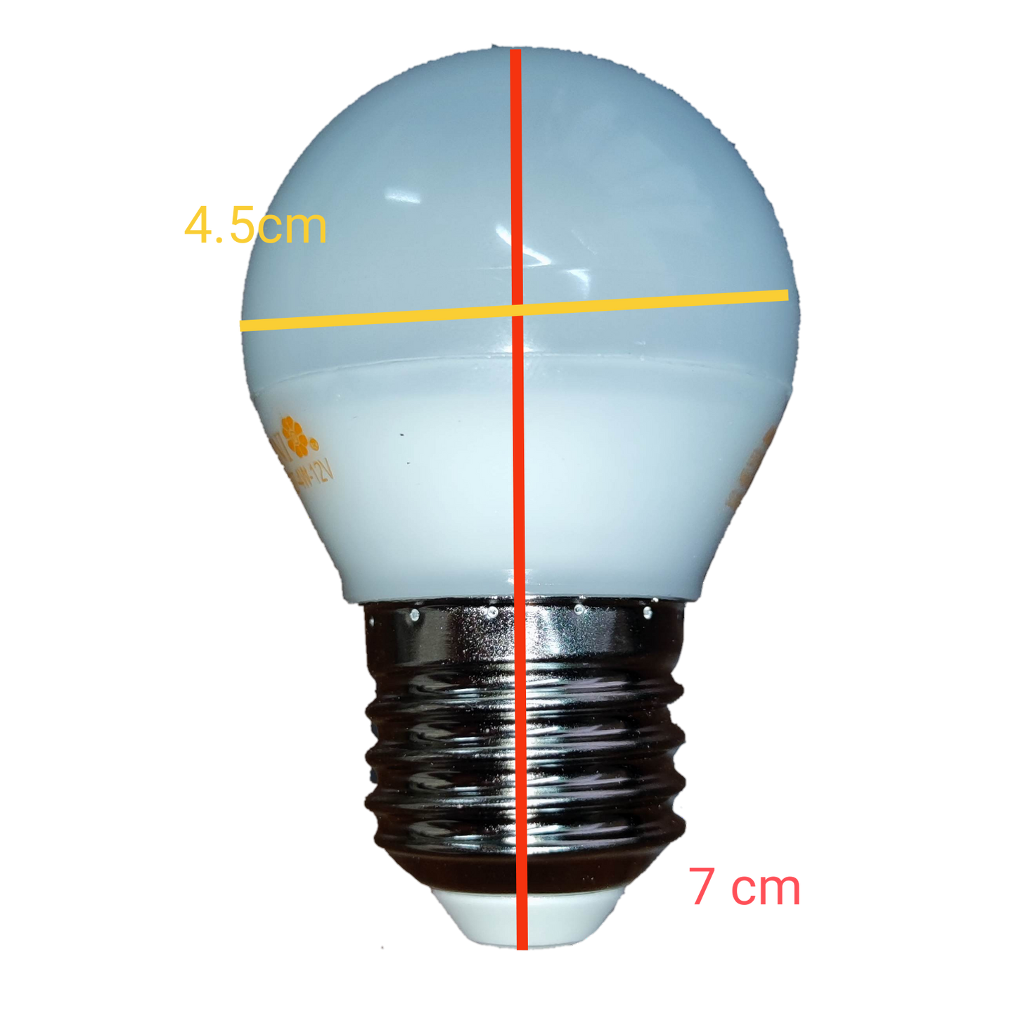 Omni 4W LED E27 12V bulb 6500K shown with dimensions for easy reference