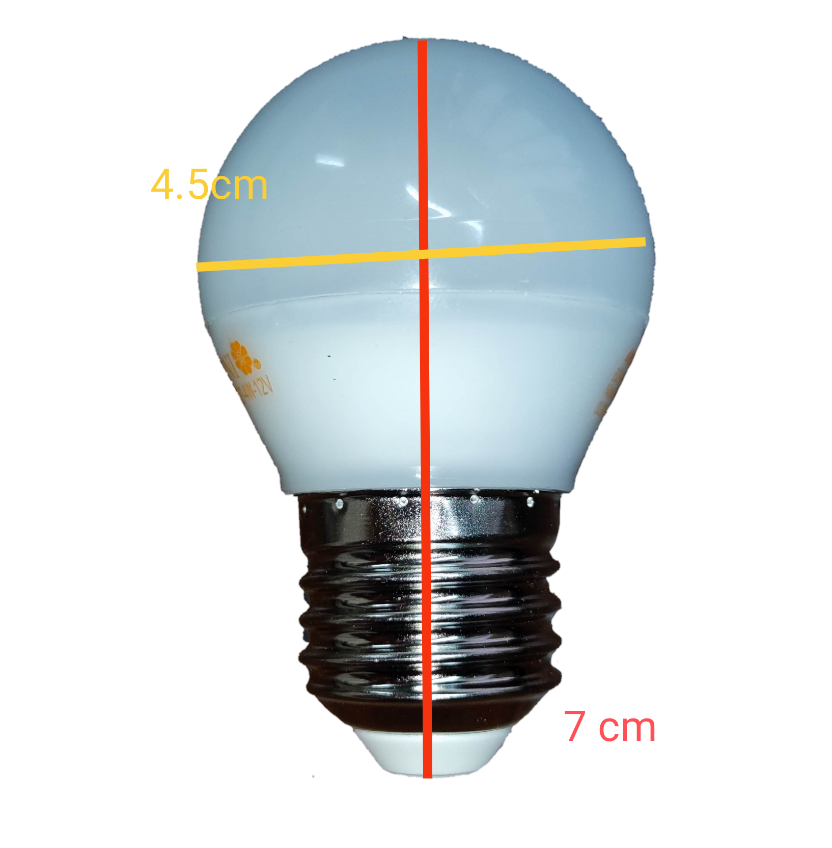 Omni 4W LED E27 12V bulb 6500K shown with dimensions for easy reference