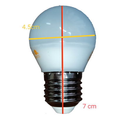 Omni 4W LED E27 12V bulb 6500K shown with dimensions for easy reference