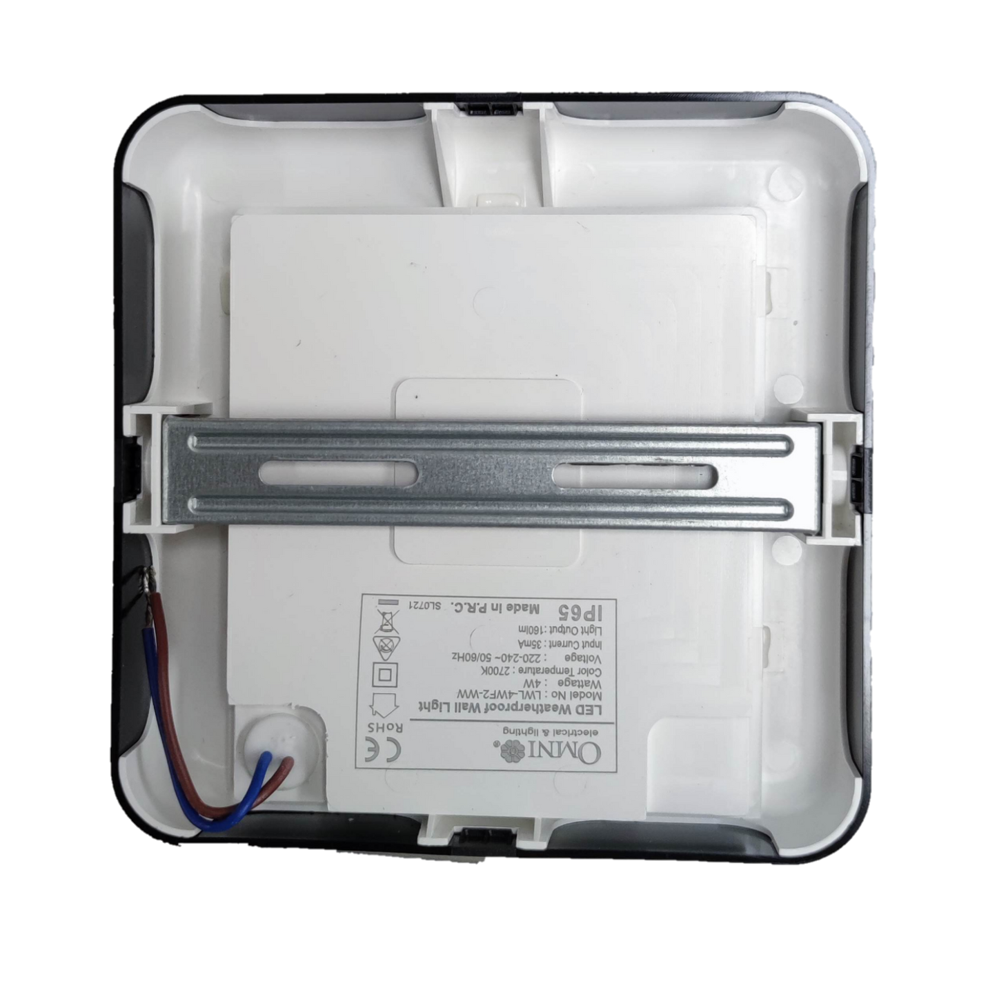 Back view of Omni 4WF2 weatherproof LED wall light 220v with mounting bracket and wiring connections