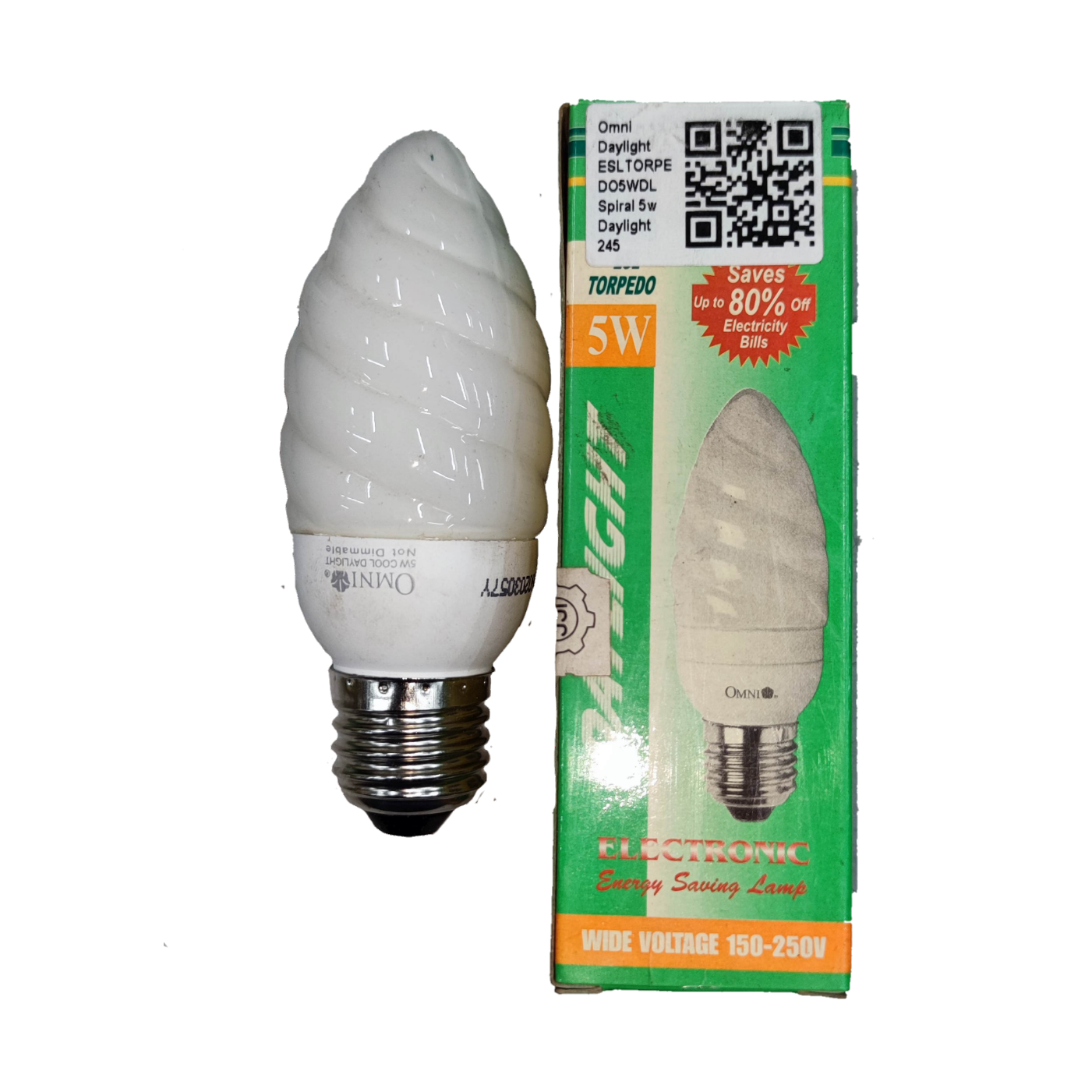 Omni compact spiral bulb and box showing 5W CFL Bulb Daylight E27 220V energy saving torpedo design