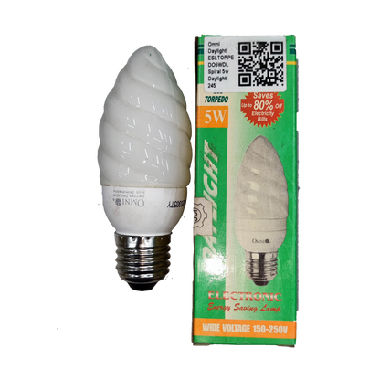 Omni compact spiral bulb and box showing 5W CFL Bulb Daylight E27 220V energy saving torpedo design