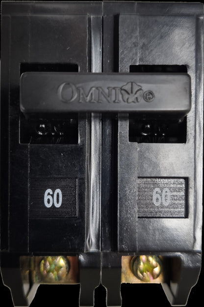 Omni 60A 2 pole circuit breaker Plug in with clear labeling and durable design for reliable electrical protection