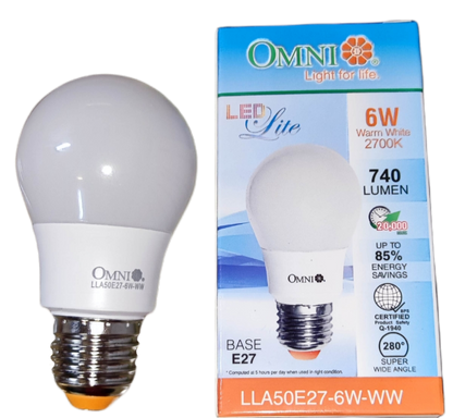 Omni 6W LED bulb E27 with 740 lumens and 2700K warm white light for energy-efficient lighting