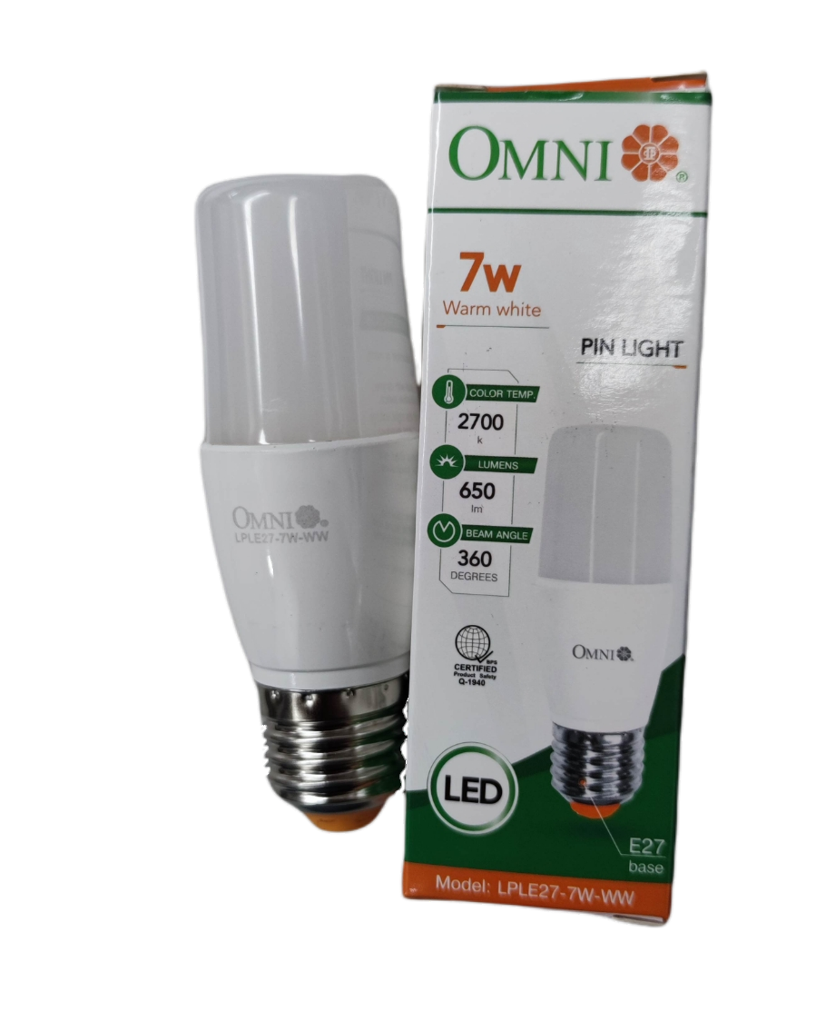 Omni 7W LED stick bulb E27 220V with warm white light and 360-degree beam angle