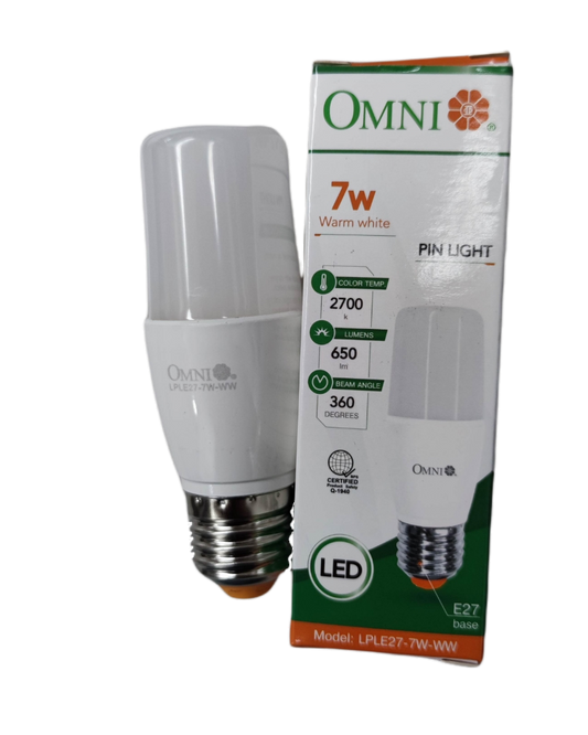 Omni 7W LED stick bulb E27 220V with warm white light and 360-degree beam angle