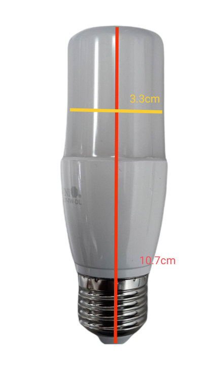 Omni 7W LED Stick Bulb E27 Daylight with dimensions of 10.7cm height and 3.3cm width