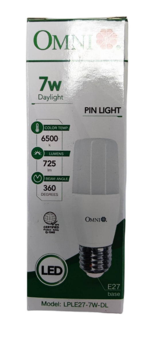 Omni 7W LED Stick Bulb E27 Daylight in packaging with energy-efficient design and 360-degree beam angle