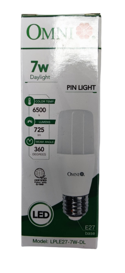 Omni 7W LED Stick Bulb E27 Daylight in packaging with energy-efficient design and 360-degree beam angle