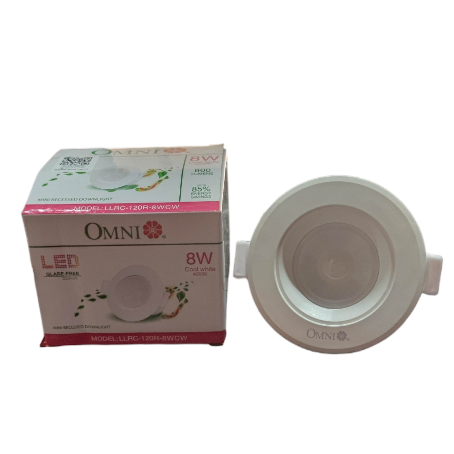 Omni 8W LED Down Light 4000K ceiling light with white round design and packaging box