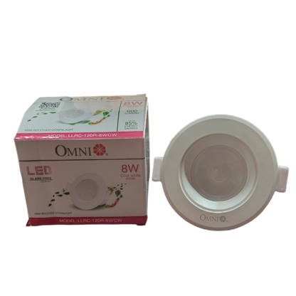 Omni 8W LED Down Light 4000K ceiling light with white round design and packaging box