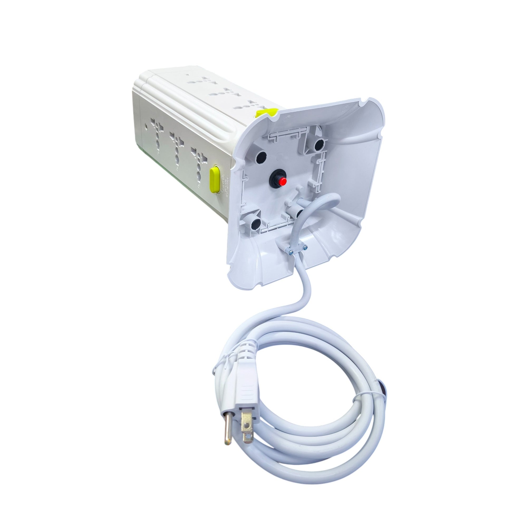 Omni 9 gang tower extension cord with multiple outlets and long power cable in white