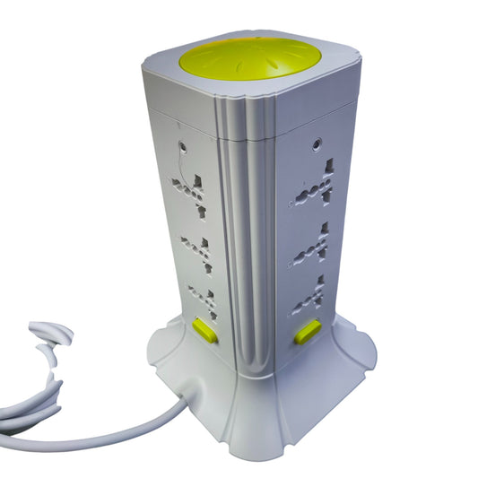 Omni 9 gang tower extension cord with multiple universal outlets and yellow power switches