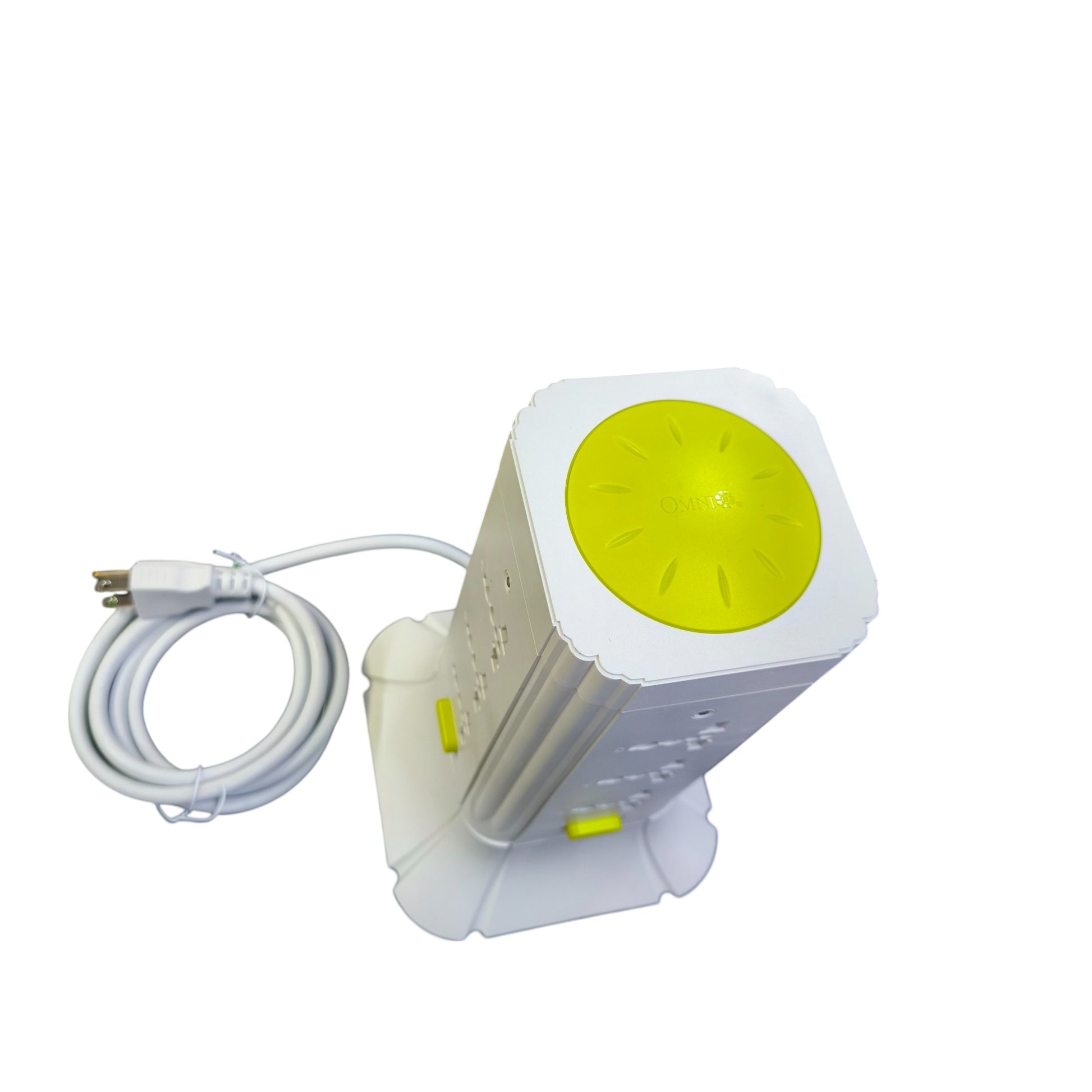 Omni 9 gang tower extension cord with multiple outlets and long white power cable