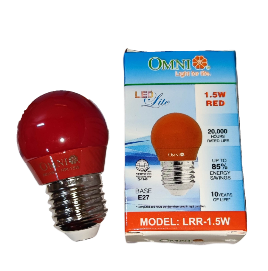 Omni Colored Round Bulb LED E27 220V in red with energy savings and 10-year lifespan