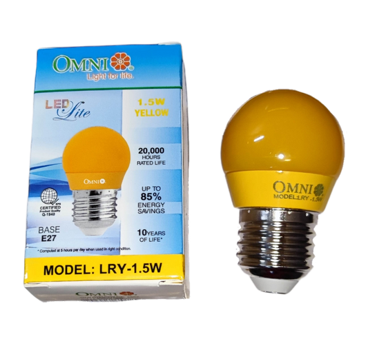 Omni Colored Round Bulb LED E27 220V in Yellow with 1.5W power and 20000 hours rated life