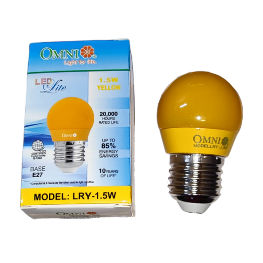 Omni Colored Round Bulb LED E27 220V in Yellow with 1.5W power and 20000 hours rated life