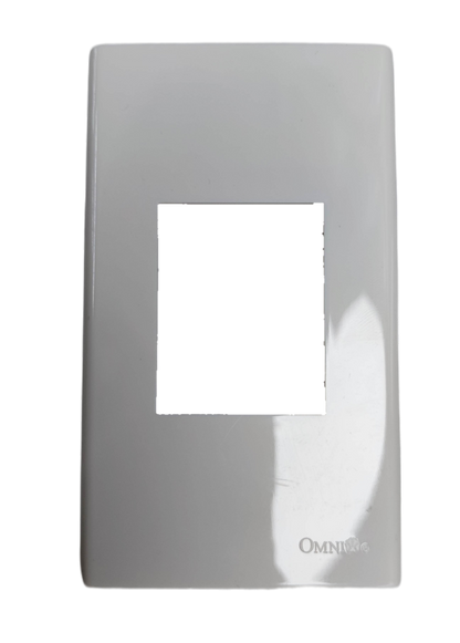 White plastic Cover Wide Series Omni WWP-111 outlet switch plate cover with a rectangular center cutout