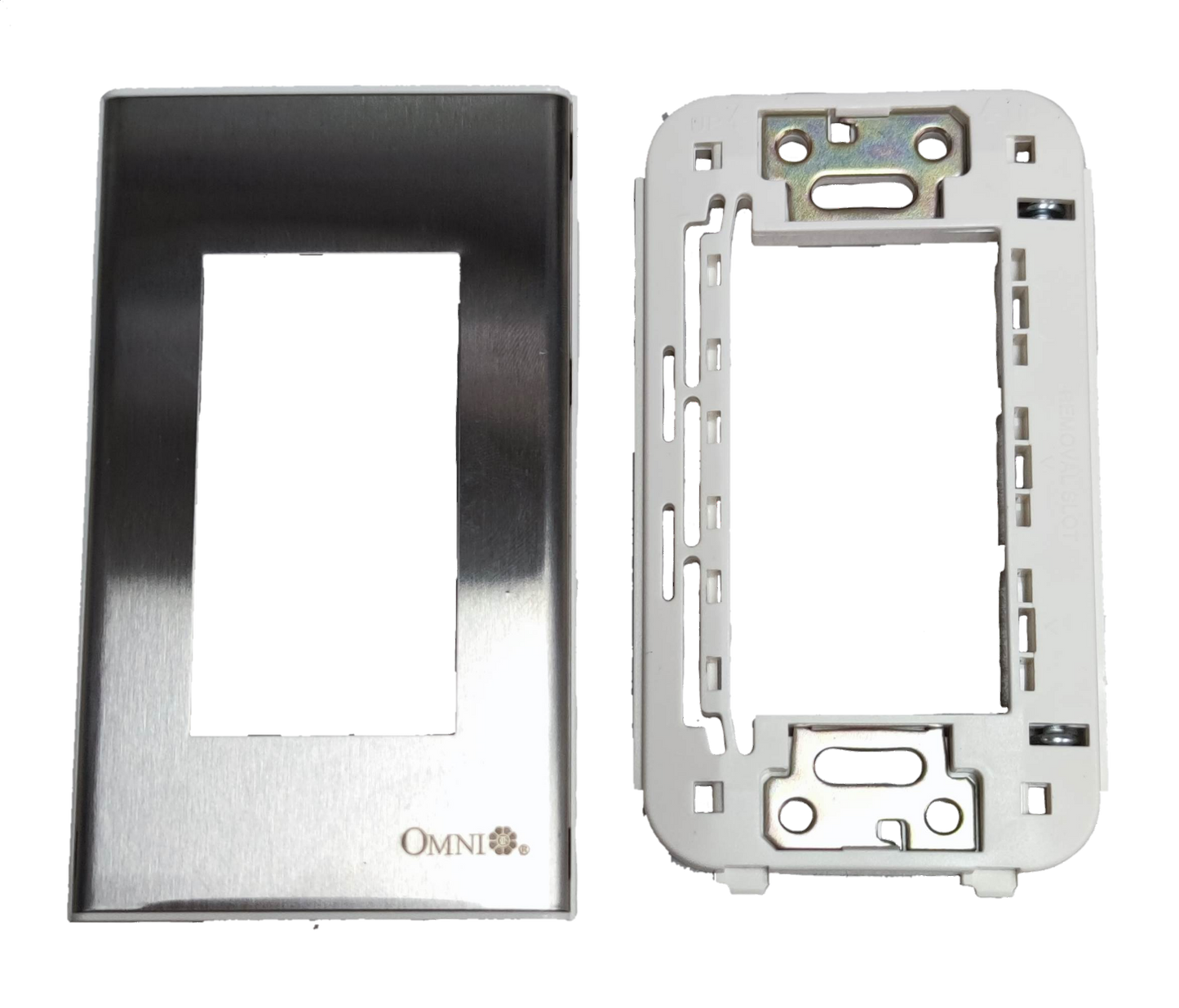 Omni device plate cover WWP-113S stainless steel finish with white plastic mounting frame