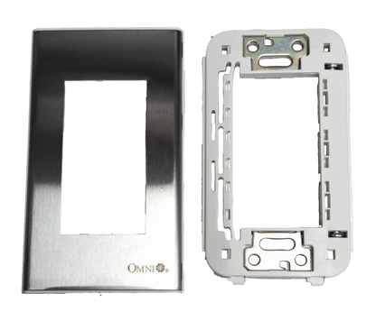 Omni device plate cover WWP-113S stainless steel finish with white plastic mounting frame