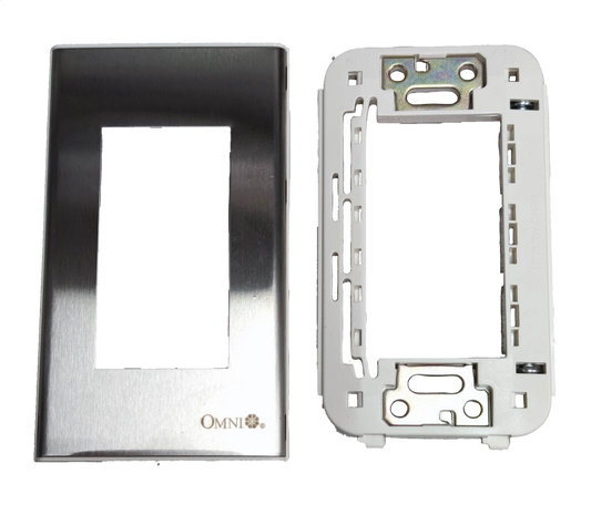 Omni device plate cover WWP-113S stainless steel finish with white plastic mounting frame