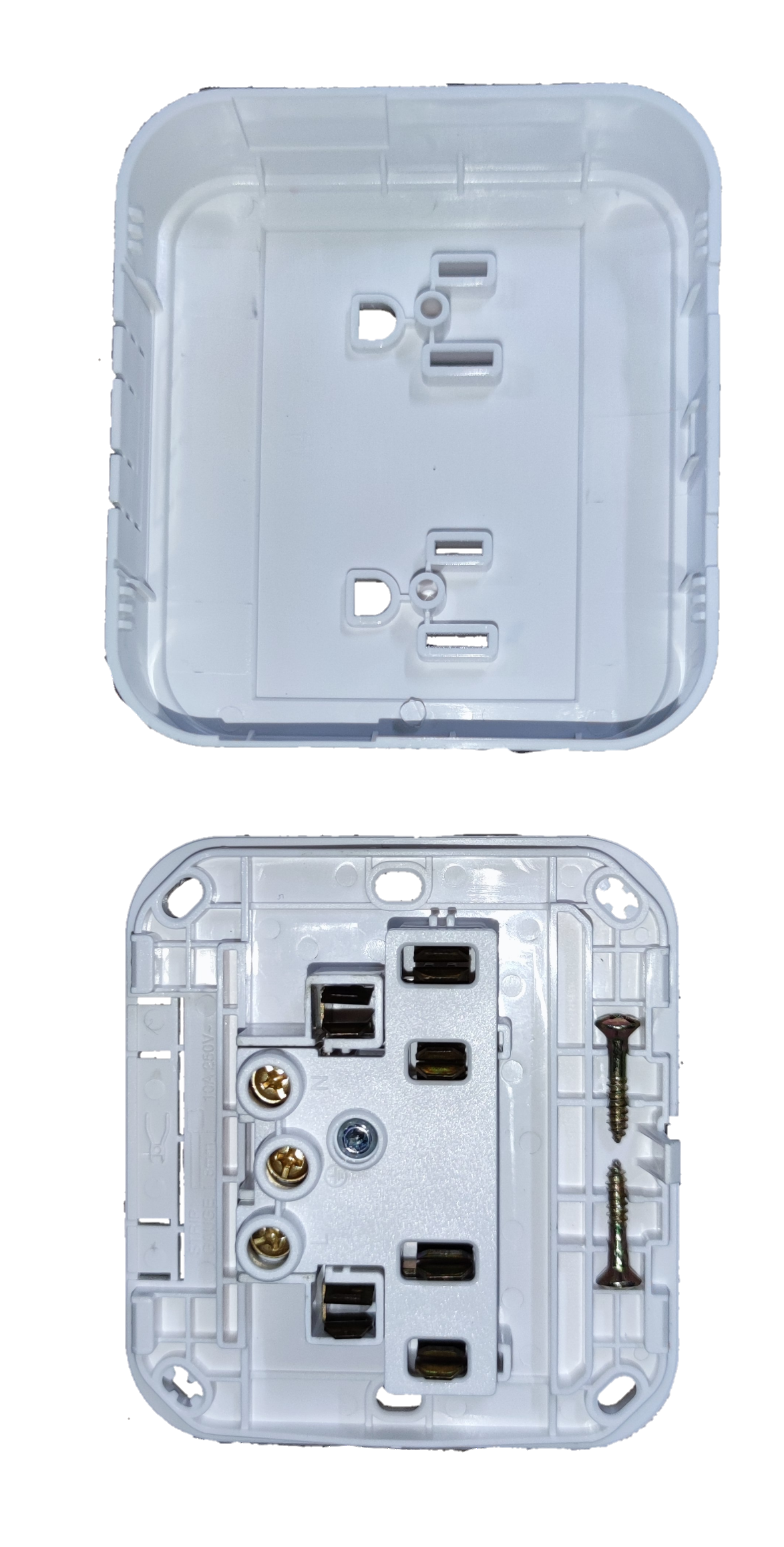 Omni electrical outlet surface type white power point showing front and back with mounting screws