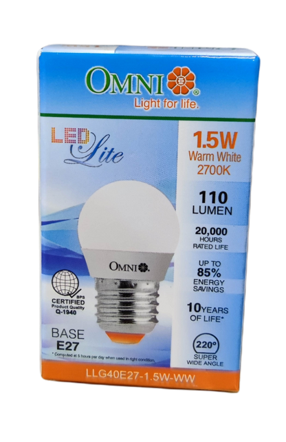 Omni energy saving LED bulb 220V with 1.5W power and 2700K warm white light for energy efficiency