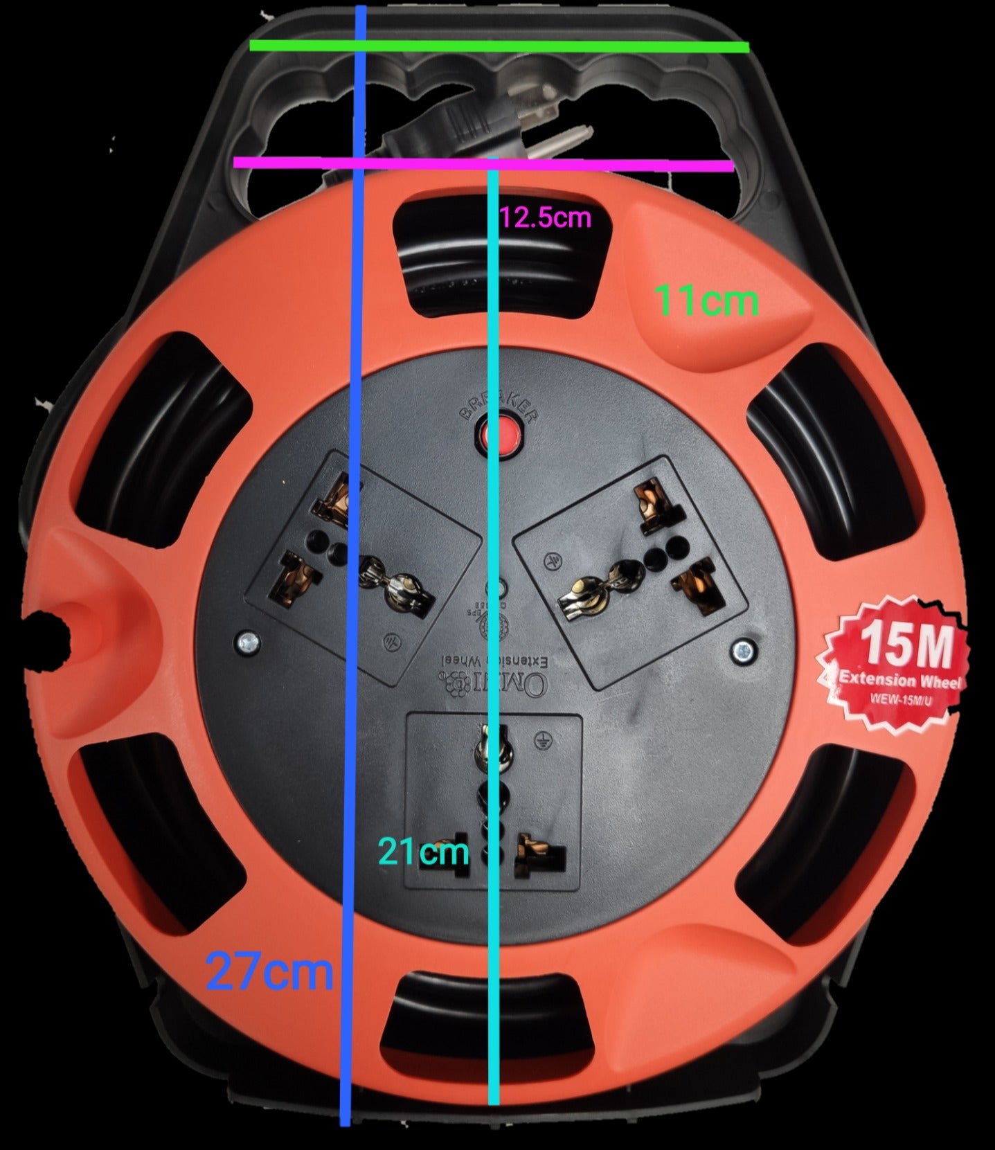 Omni 15M extension cord with safety breaker on orange and black reel for safe power distribution