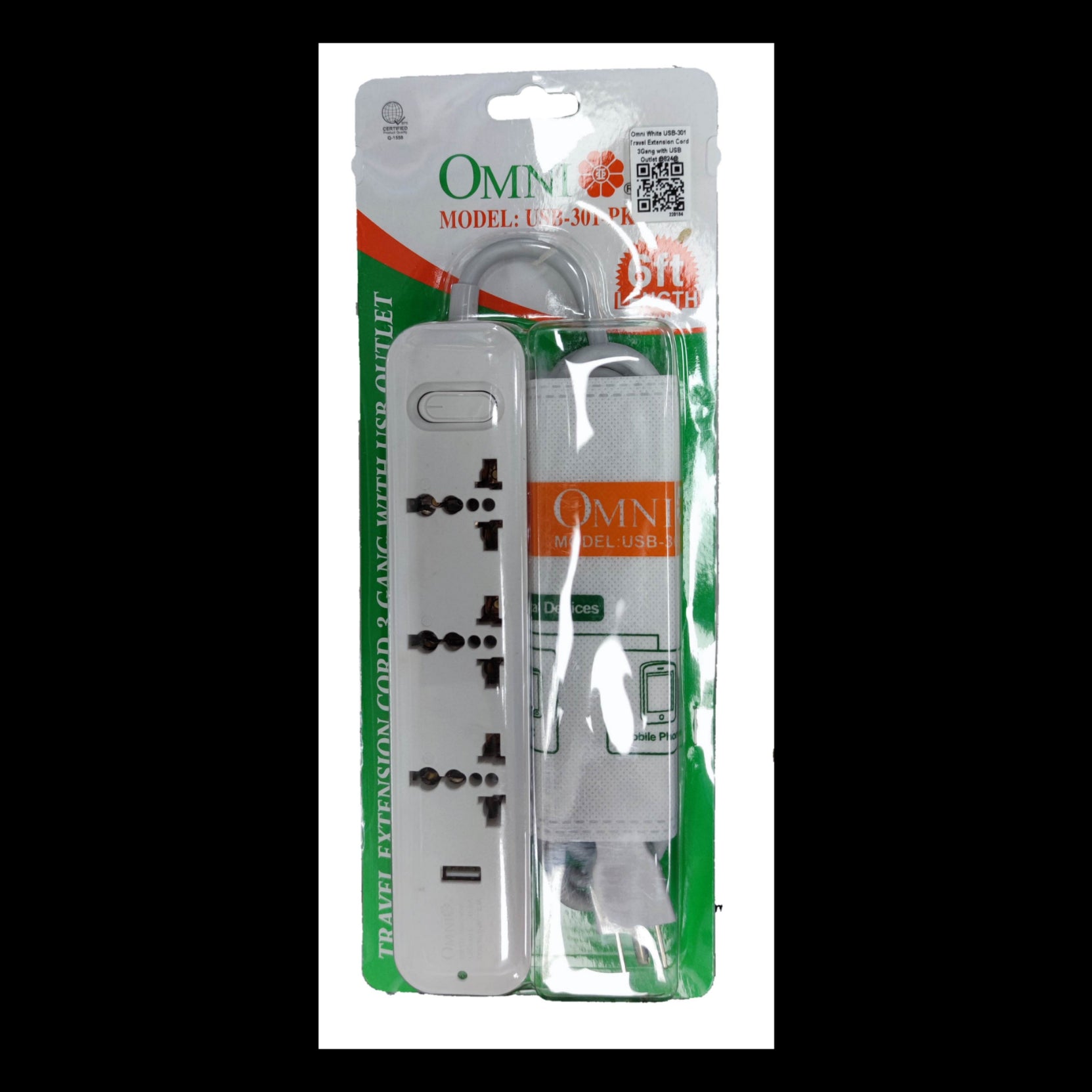 Omni extension cord with USB 3-outlet power strip travel adapter white 8ft cord