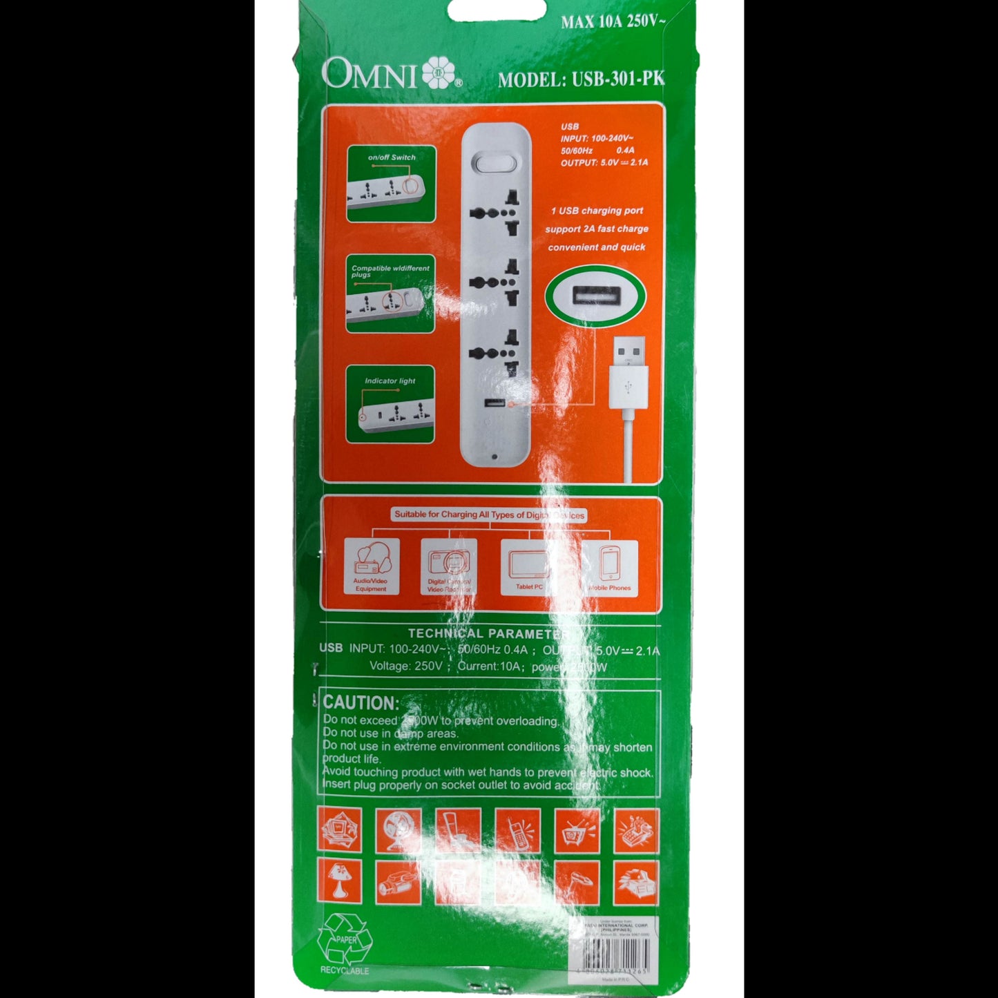 Omni extension cord with USB featuring multiple outlets and dual USB charging ports in retail packaging