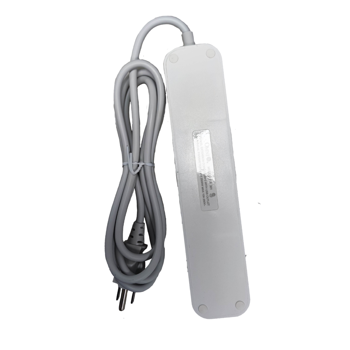 Omni extension cord with USB featuring multiple outlets and a long white power cable