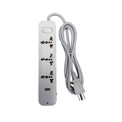 Omni extension cord with USB featuring multiple universal outlets and long white power cord