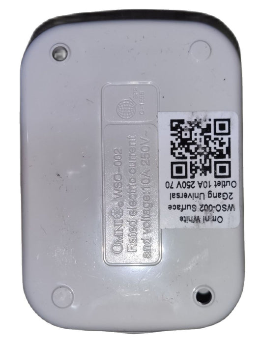 Omni extension outlet 2 gang white power adapter with QR code and electrical rating label