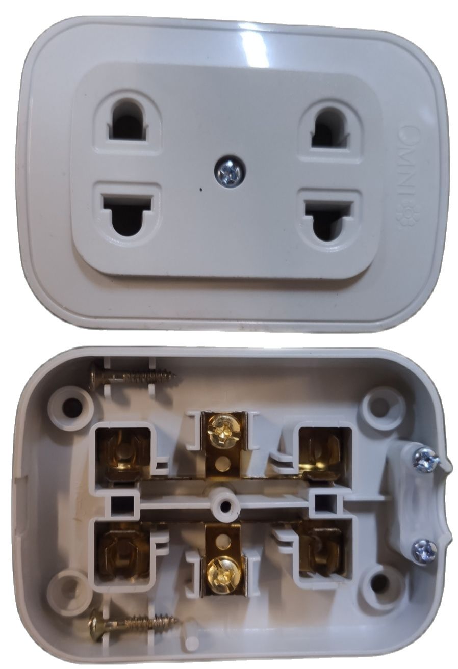 Omni extension outlet 2 gang white power plug socket with internal wiring components