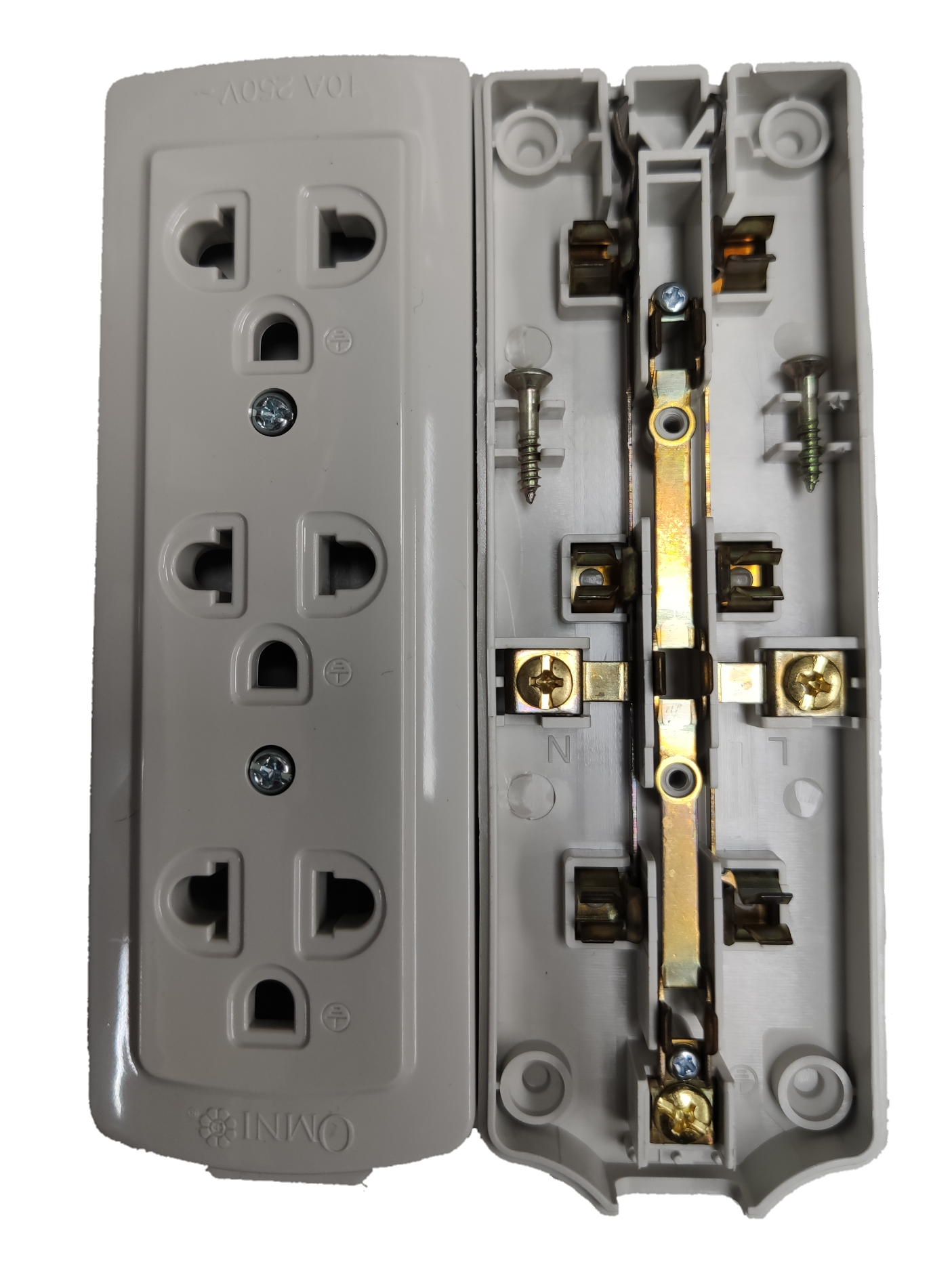 Omni extension surface type outlet with white dual plug sockets and exposed internal wiring components