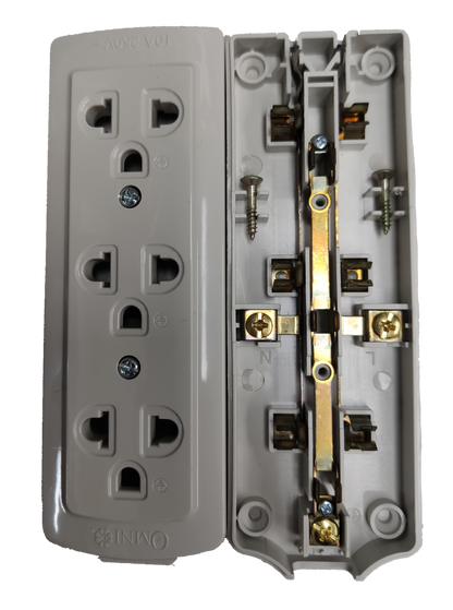 Omni extension surface type outlet with white dual plug sockets and exposed internal wiring components