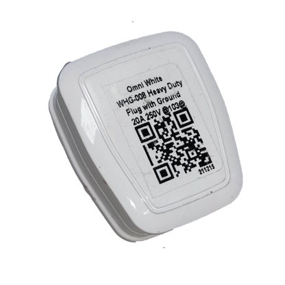 Omni flat pin plug WHG-008 20A 250V with a white casing and informative label on the back