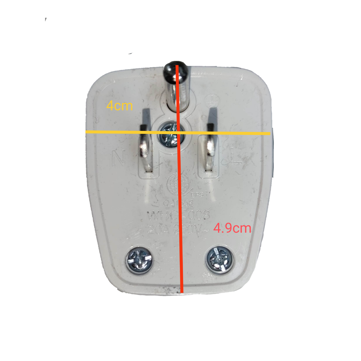 Omni flat pin plug WHG-008 20A 250V featuring three pin design with clear dimensions for electrical use
