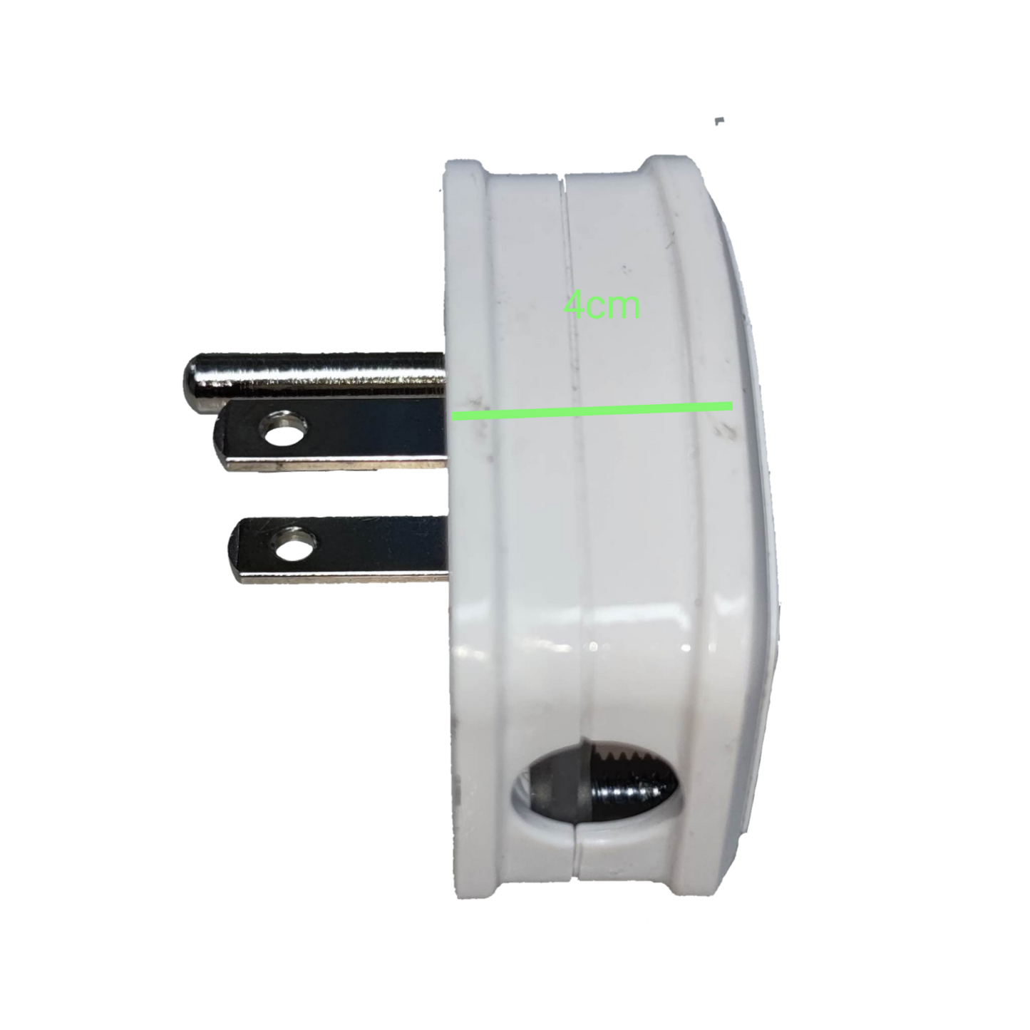 Omni flat pin plug WHG-008 20A 250V side view showing compact design and pin length