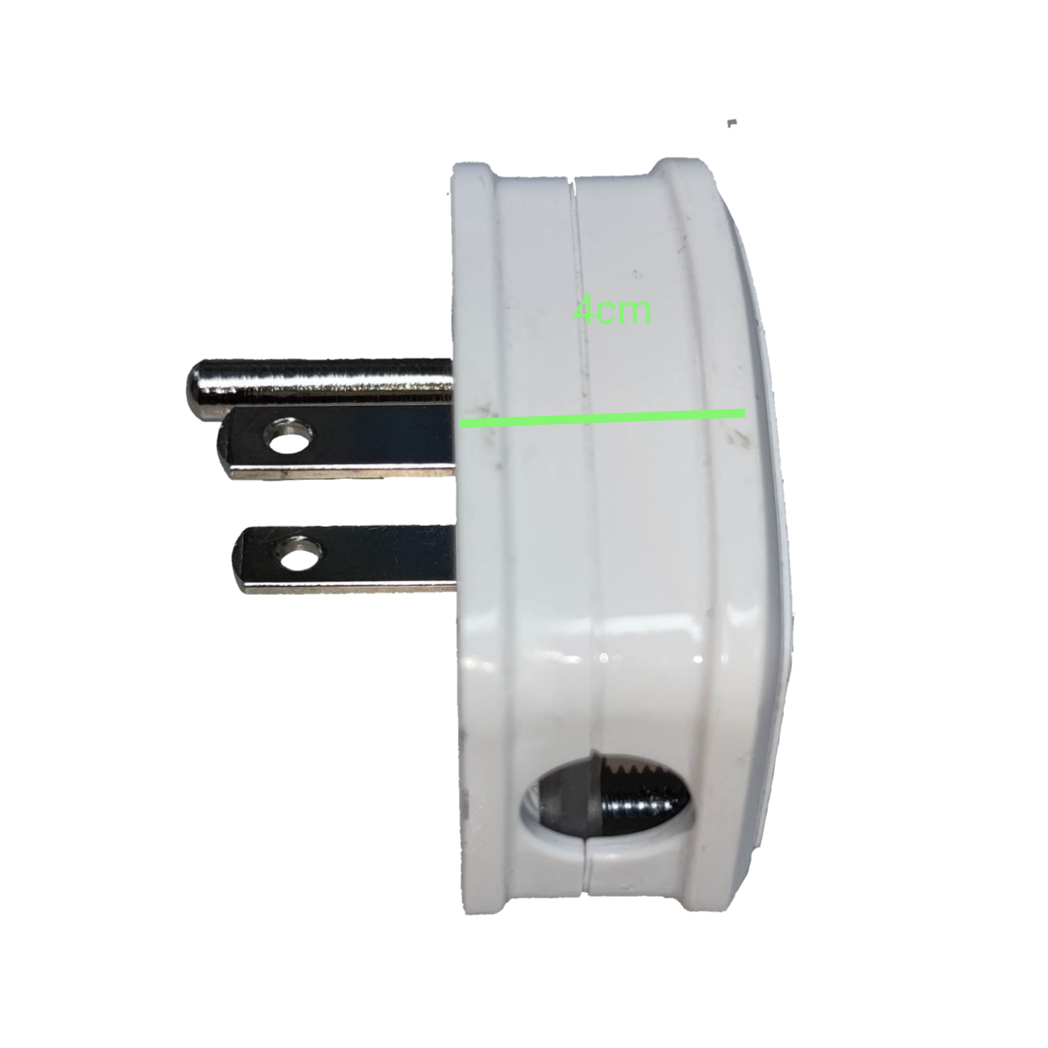 Omni flat pin plug WHG-008 20A 250V side view showing compact design and pin length