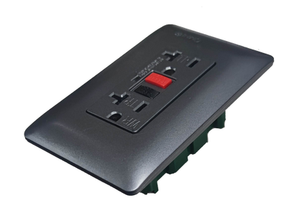 Omni GFCI 2 gang outlet 220V in sleek black design with reset button for safety