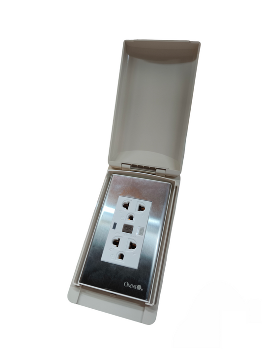 Omni & Royu GFCI Duplex Outlet 20A 250V with protective cover and stainless steel faceplate