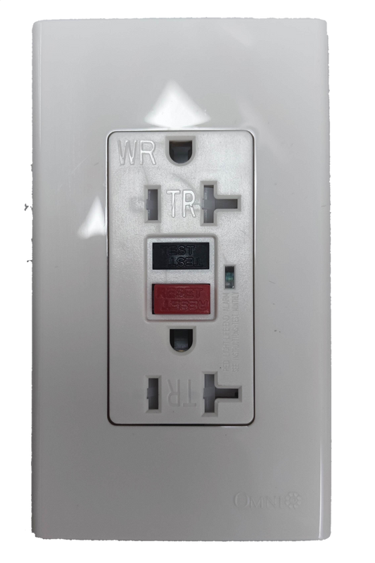 Omni GFCI outlet 20A 220V with reset and test buttons for enhanced safety in electrical installations