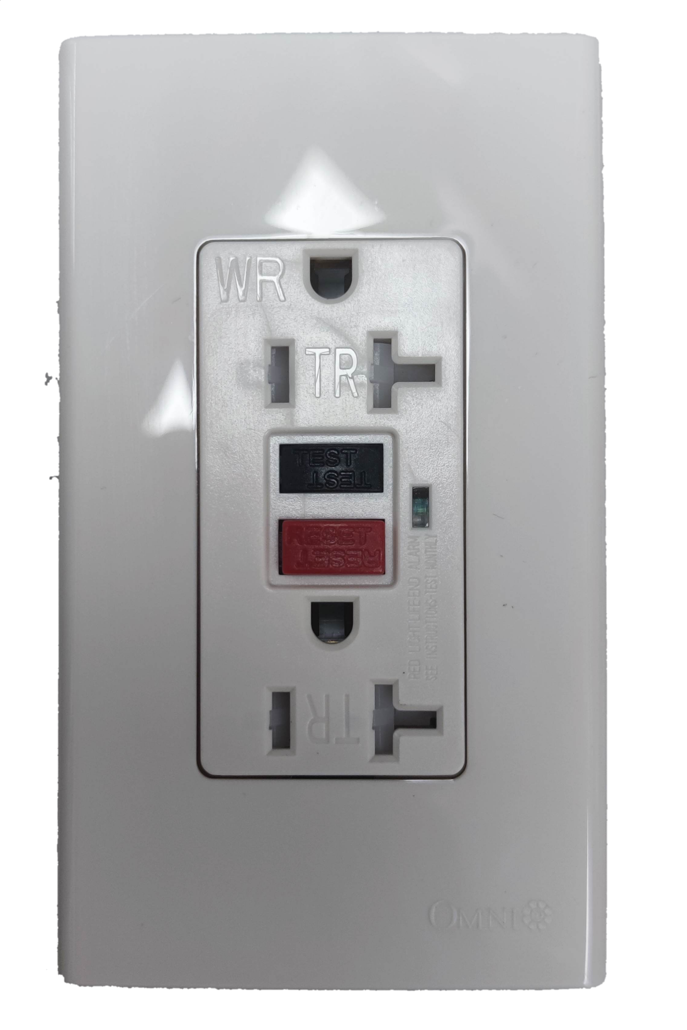 Omni GFCI outlet 20A 220V with reset and test buttons for enhanced safety in electrical installations