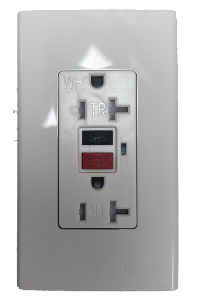 Omni GFCI outlet 20A 220V with reset and test buttons for enhanced safety in electrical installations