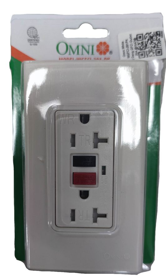 Omni GFCI outlet 20A 220V packaged for safety and reliability in electrical installations